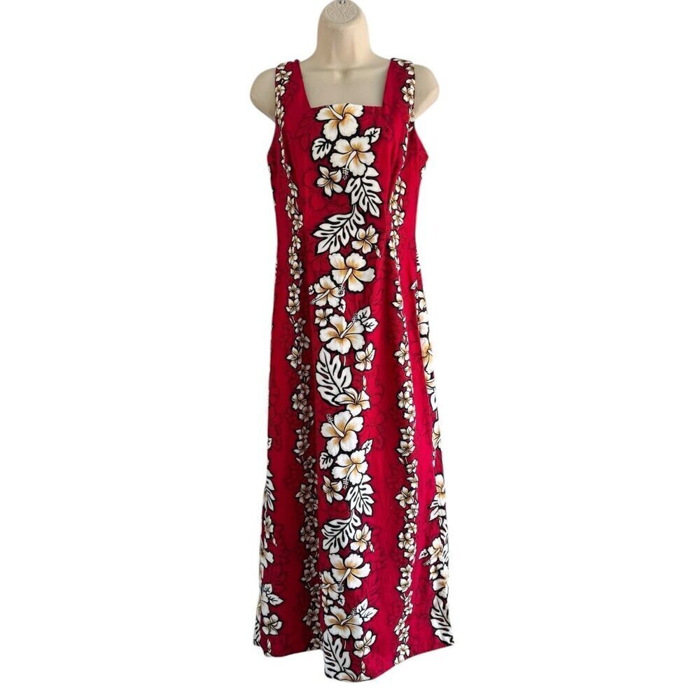 VTG Royal Creations Red Hibiscus Sheath Maxi Hawaiian Dress Woman's Sz M